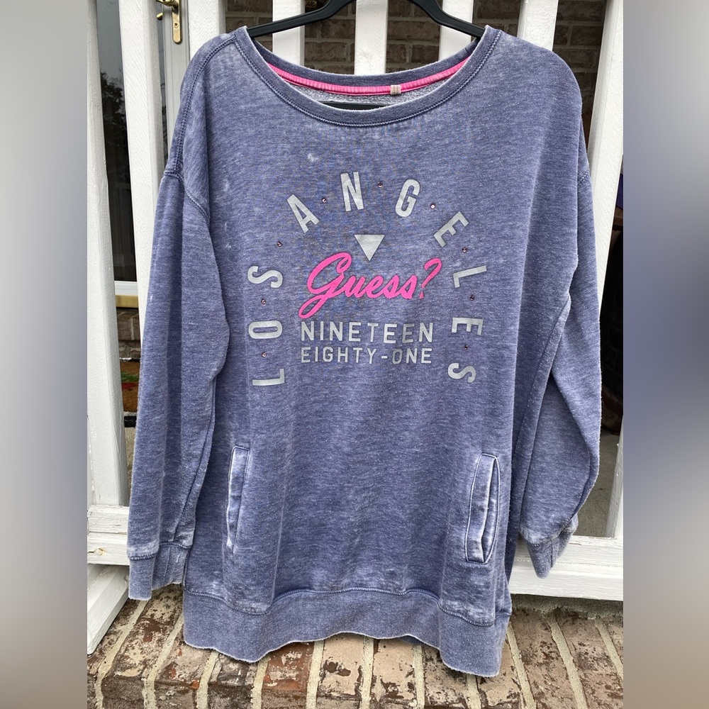 GUESS? Women's Medium Purple Crewneck Sweater Rhinestones Logo Lightly Loved